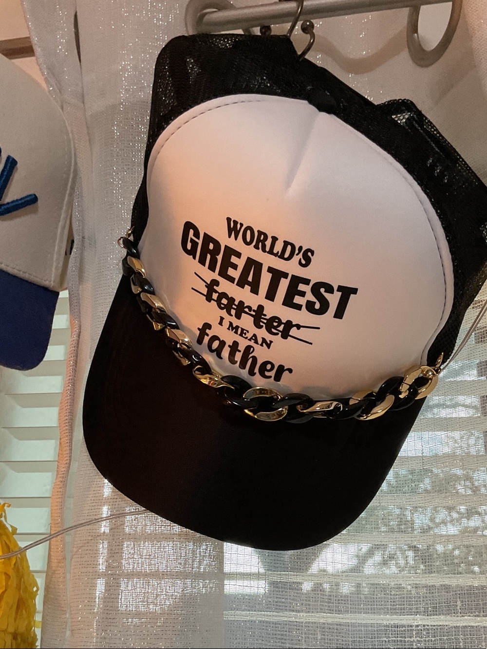 World's Greatest Father Trucker Hat - Black/White with Gold Chain